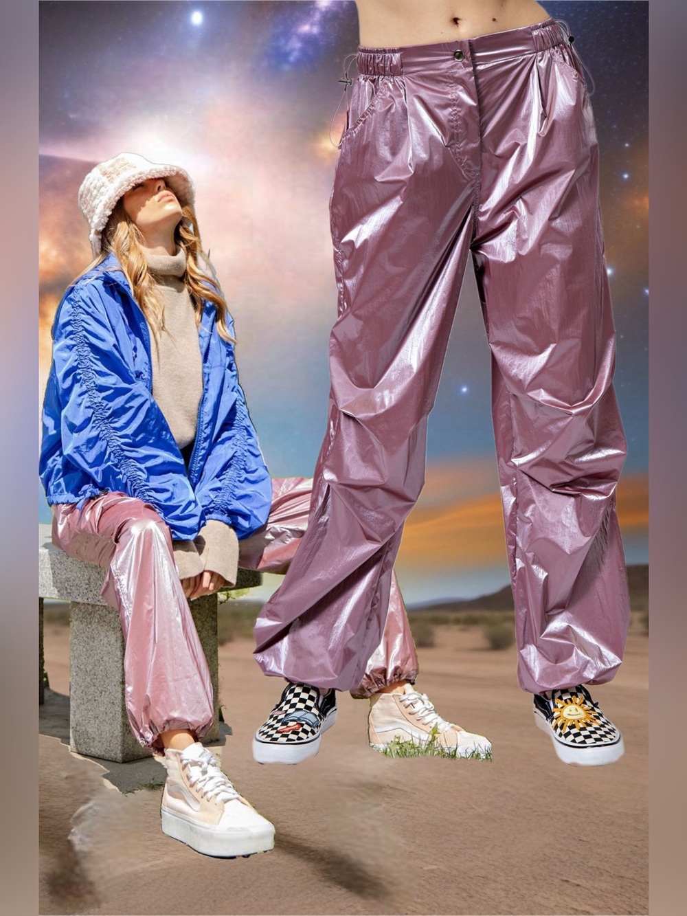 Easel Lumina Slouchy Metallic Parachute Toggle Wide Leg Pant Mauve Purple Small